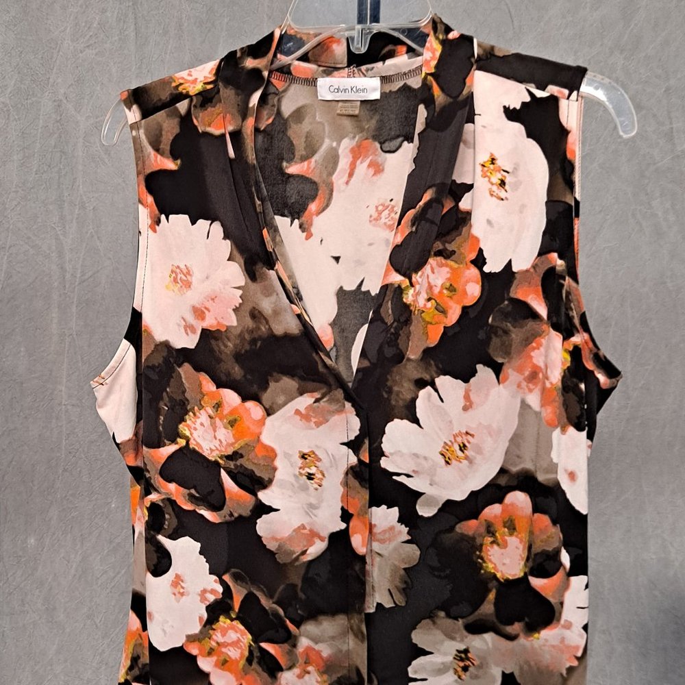 Calvin Klein Black Floral Sleeveless Blouse with Pink and Orange Blooms